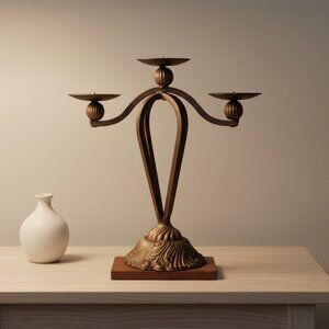 Bronze Iron 3-Arm Candelabra Antiqued Design Ornate Base Candleholder Medieval